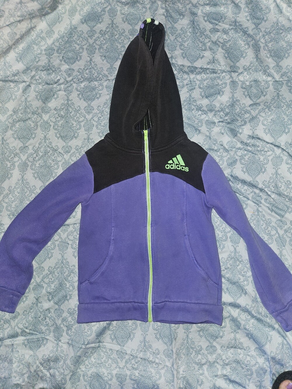 adidas Purple and Black Kids Zip Hoodie with Lime Accents